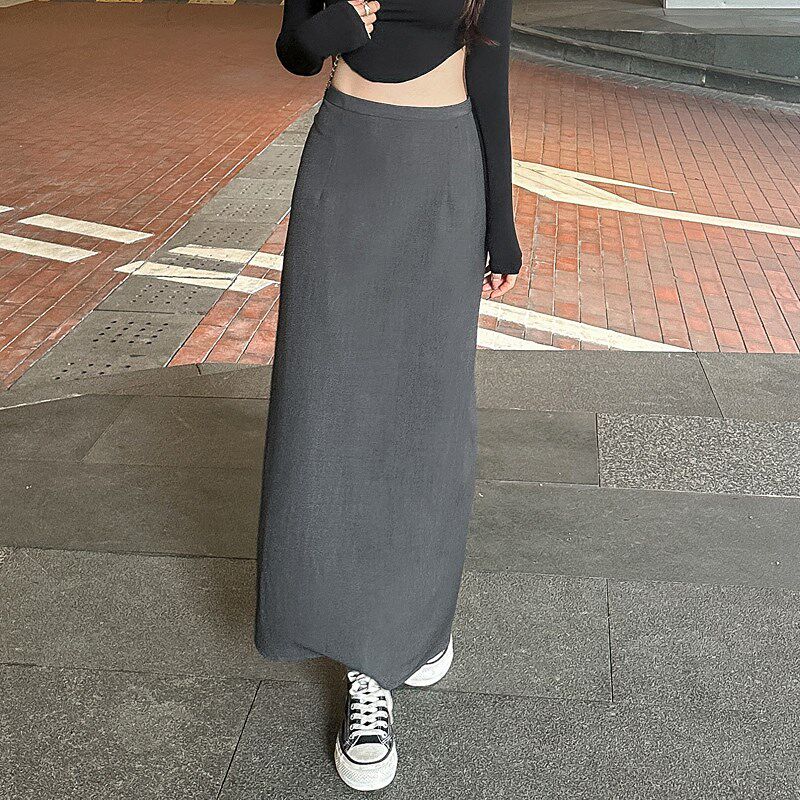 灰色西装半身裙女夏季垂感高腰遮跨裙子黑色直筒宽松显瘦开叉长裙