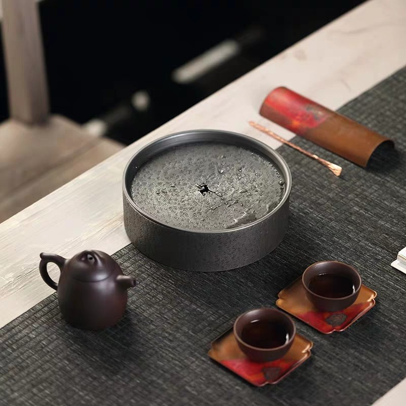 锡壶承圆形小茶盘手工海棠形建水 壶托养壶垫 个人干泡台功夫茶具