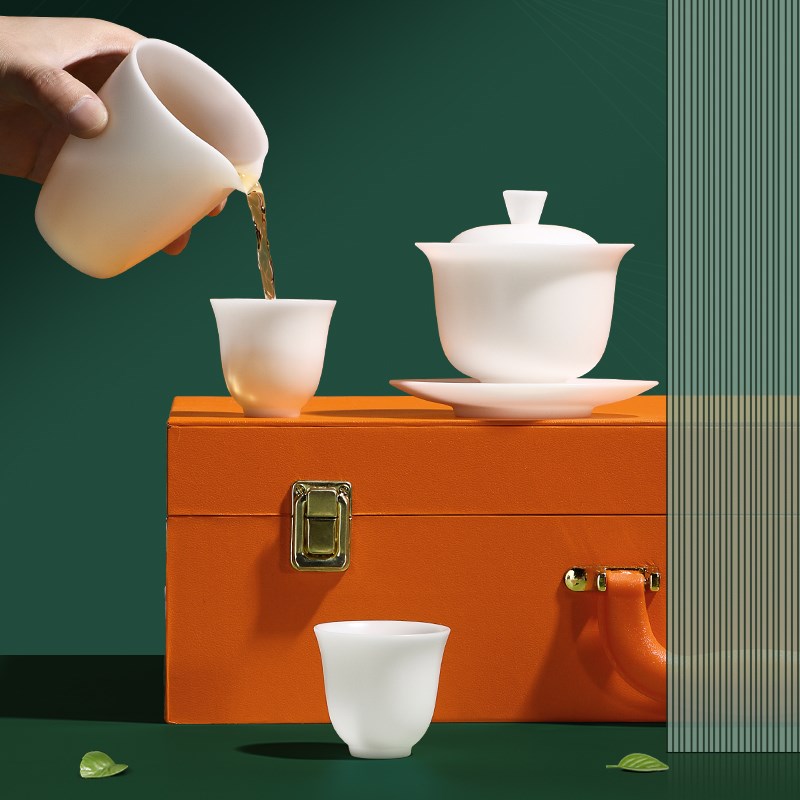冰种玉瓷功夫茶具套装羊脂玉三才盖碗公司店铺开业LOGO礼品定制