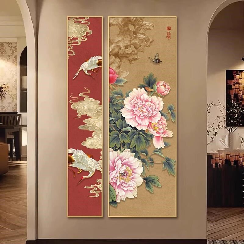 新中式入户玄关装饰画荷花高端大气走廊过道挂画锦鲤图组合二联画