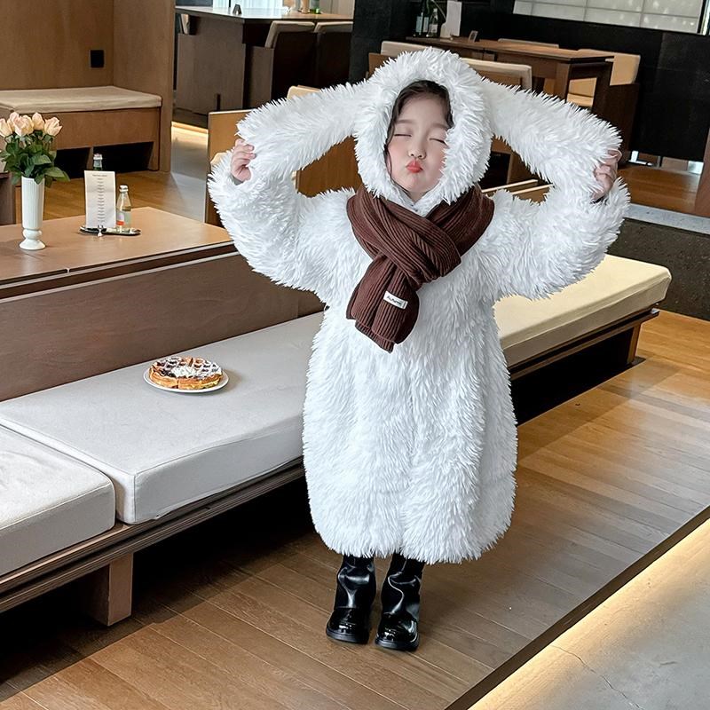小女孩毛毛绒外套长耳小兔子款女童长款大衣家居服可爱厚实秋冬款