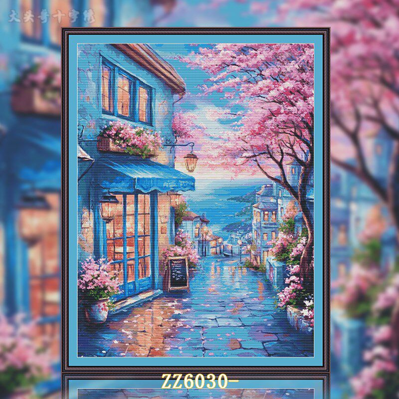 【ZZ6030-蓝樱落】十字绣2024新款线绣客厅满绣竖版玄关风景油画