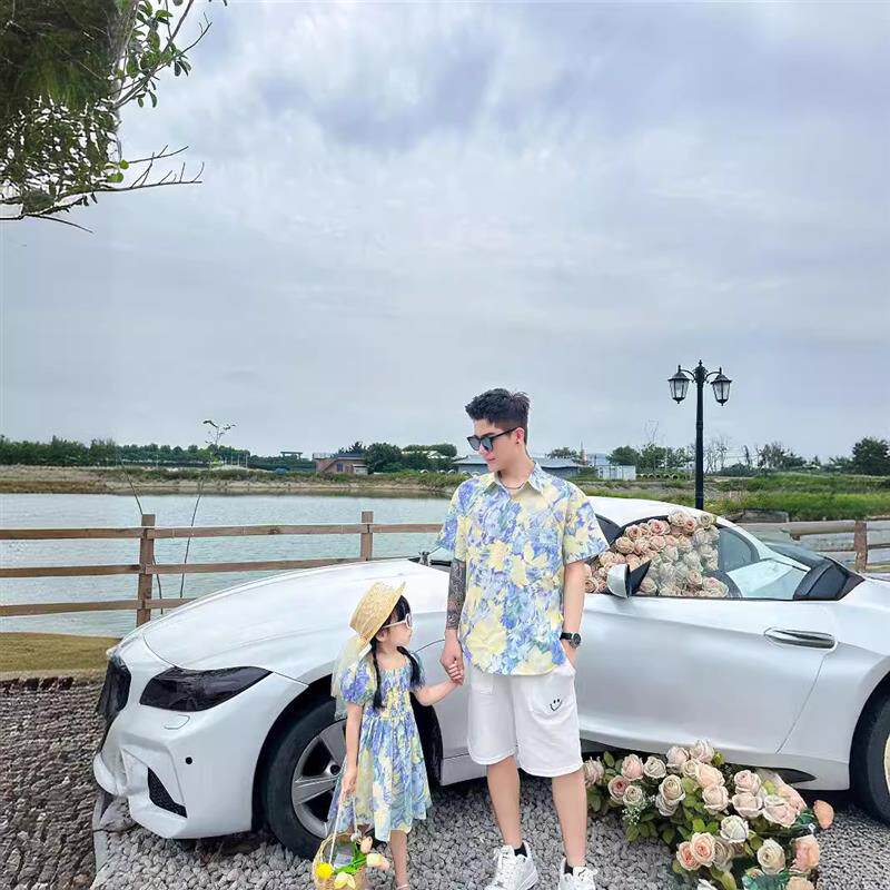 海边度假风亲子装母女法式碎花连衣裙夏季一家三口母子不一样衬衫