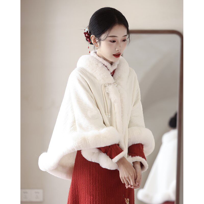 旗袍敬酒服婚纱披风冬季中式婚礼新娘结婚毛披肩加厚斗篷外搭红色