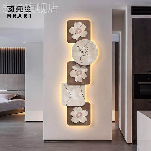网红寂风玄关侘饰画高级装感LED气氛灯画肌理壁画客厅入户正对门