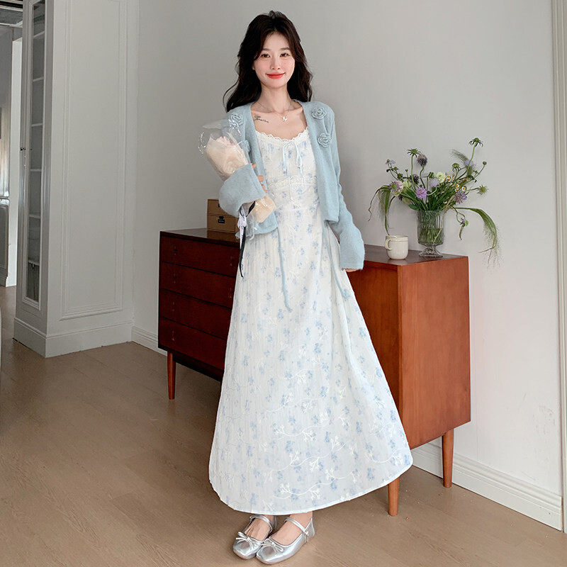 法式温柔风碎花吊带连衣裙针织开衫两件套女秋季穿搭一整套