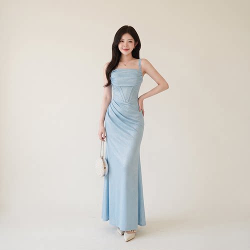 小可wiwi法式闪闪蓝色连衣裙女气质性感绝美生日派对宴会晚礼服裙