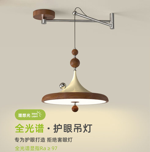 餐厅吊灯中古诧寂风圆球胡桃木色餐桌灯现代简约摇臂可移位吧台灯