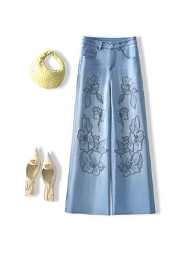 蓝色花朵刺绣阔腿牛仔裤女2026春夏季新款高腰大码宽松拖地大脚裤