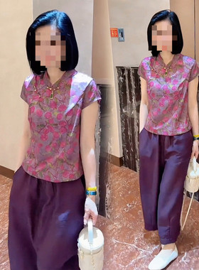 新中式妈妈夏装印花短上衣套装2026新款洋气高腰T恤阔腿裤两件套