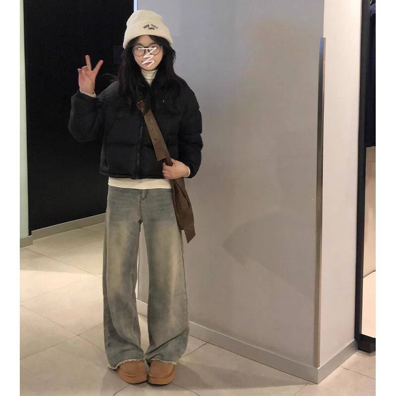 做旧水泥黄直筒牛仔裤女2025年早春季新款复古宽松毛边阔腿裤子潮 - 实物图