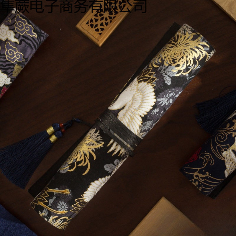 竹羽堂 中国风 烫金织锦流苏笔帘 笔袋 水彩画笔笔帘 毛笔笔帘 笔图片