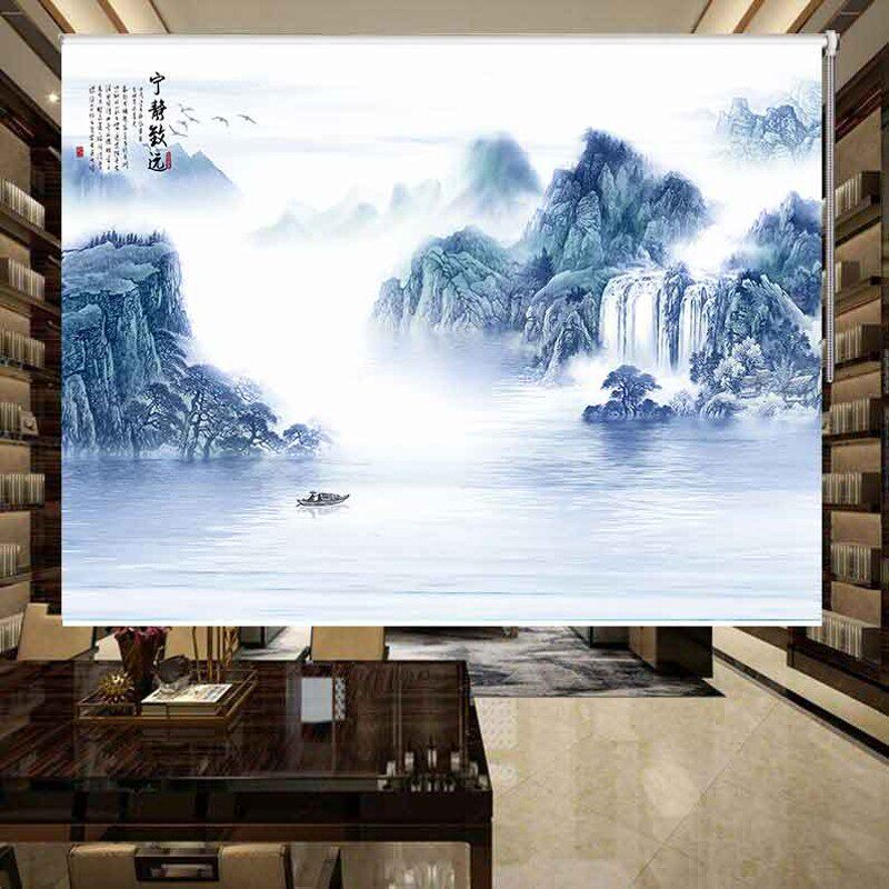 定做卷帘新中式意境山水画办公室书房客厅卧室遮光隔热卷拉式窗帘