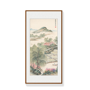 傅抱石山水画新中式玄关装饰画走廊过道进门挂画竖版春天风景壁画