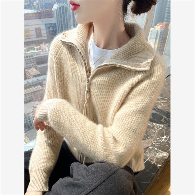 街头休闲拉链开衫毛衣外套女修身翻领2024新款秋冬立领打底针织衫