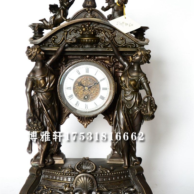 钟表欧式仿古纯铜机械座钟顶带蜡烛台复古做旧仿老古董壁炉样板间