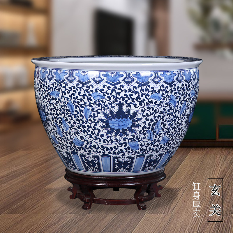 景德镇陶瓷手绘青花金鱼缸庭院大水缸养乌龟睡莲荷花盆缸客厅摆件