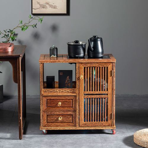 移动茶台鸡翅木小茶桌家用茶车中式茶水柜边几茶几烧水壶一体套装