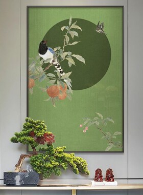 新中式花鸟装饰画墨绿色古典挂画样板房入户玄关大尺寸背景墙壁画