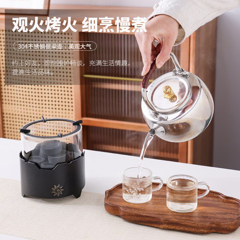观火炭炉耐高温玻璃烤煮两用碳炉暖手炉烤火炉不锈钢壶煮茶套装