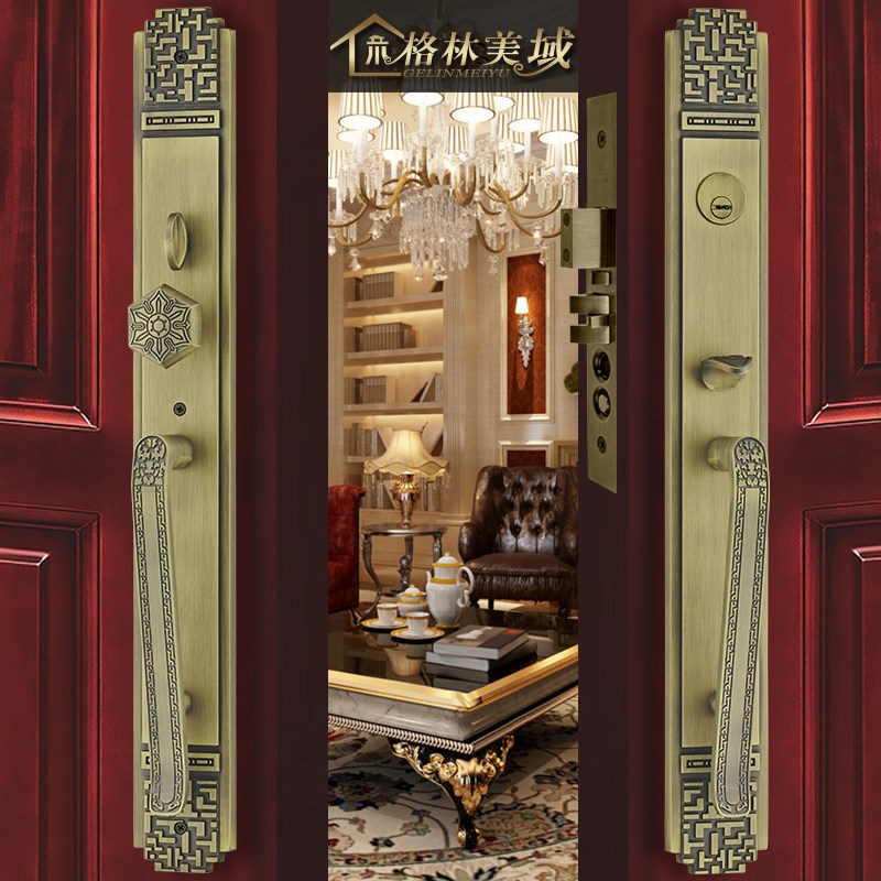 格林美域 新中式黄铜别墅大门锁 实木双开门大把手锁对开入户门锁