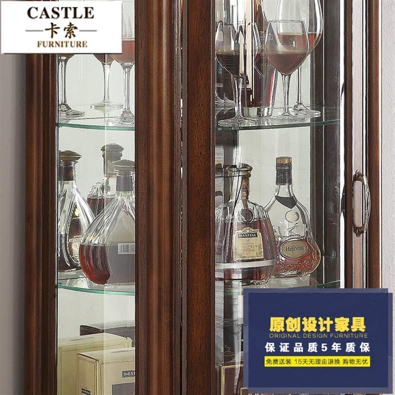 美式全实木小酒柜 欧式钢化玻璃门展示柜客厅简美复古储物柜靠墙