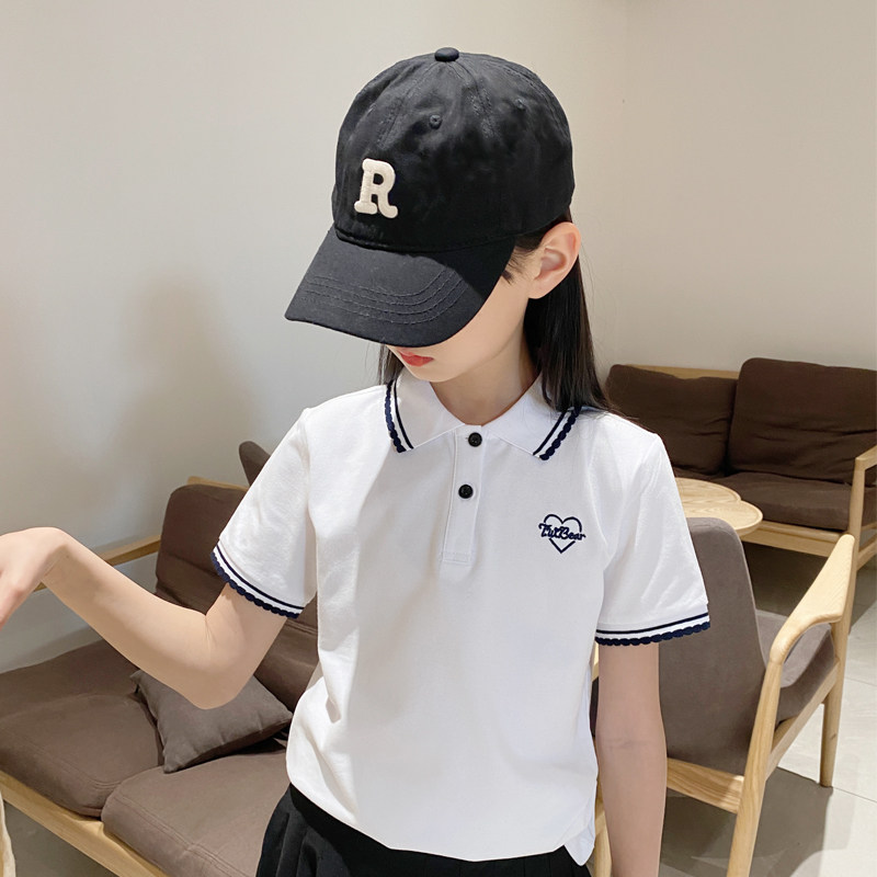 儿童POLO衫女童夏装短袖t恤纯棉童装学院风有领T恤衫上衣2023新款
