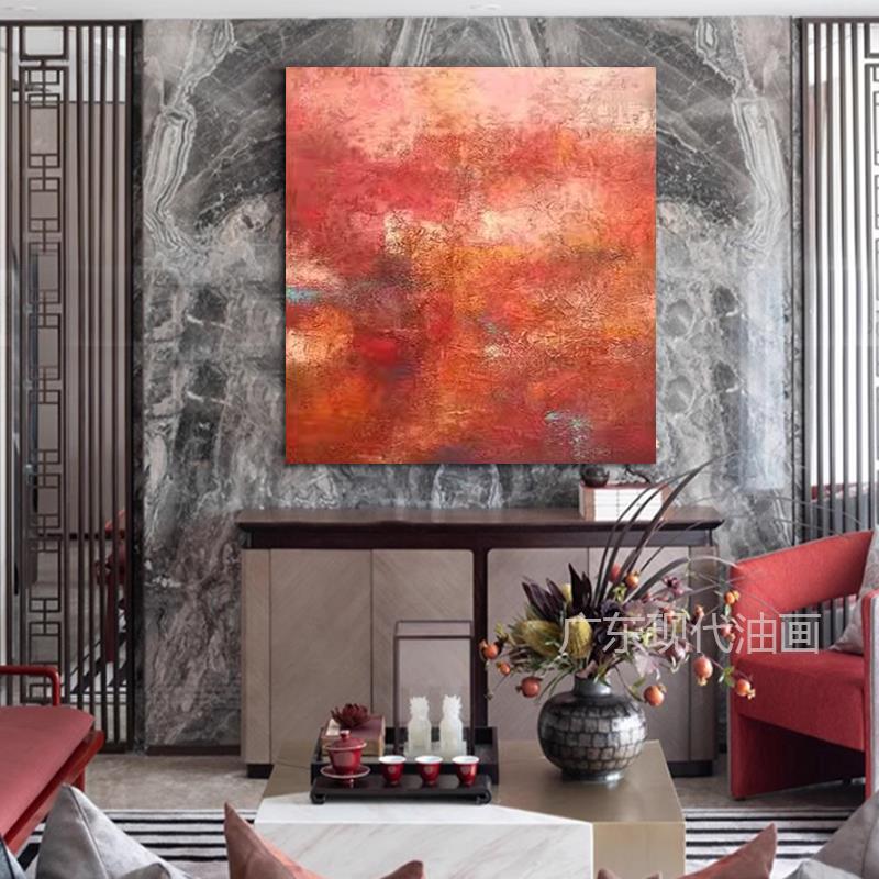 XD手绘客厅装饰画美式橙色沙发背景墙挂画肌理感大幅落地画玄关画