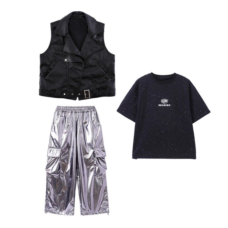 六一街舞演出服儿童嘻哈机车皮衣马甲套装hiphop银色裤子夏季2024