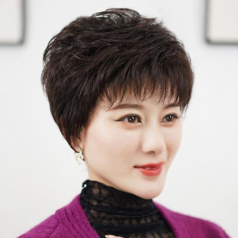 中年妈妈假发真发全真人发薄款透气短卷发时尚烫发光头整顶真头发