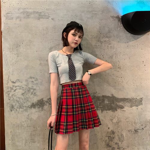 大码格子半身裙百褶裙高腰a字 显瘦胖mm防走光短裙裤裙bm格子裙夏