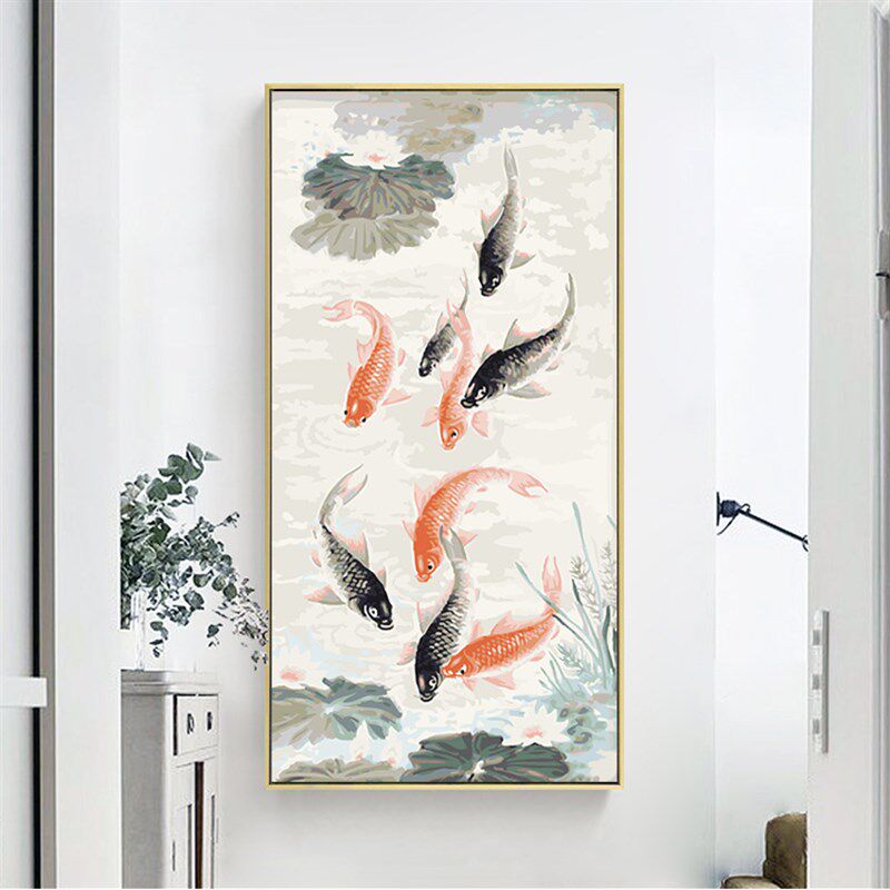 竖版大幅年年有余diy填色数字油画客厅玄关新中式装饰画九鱼聚财
