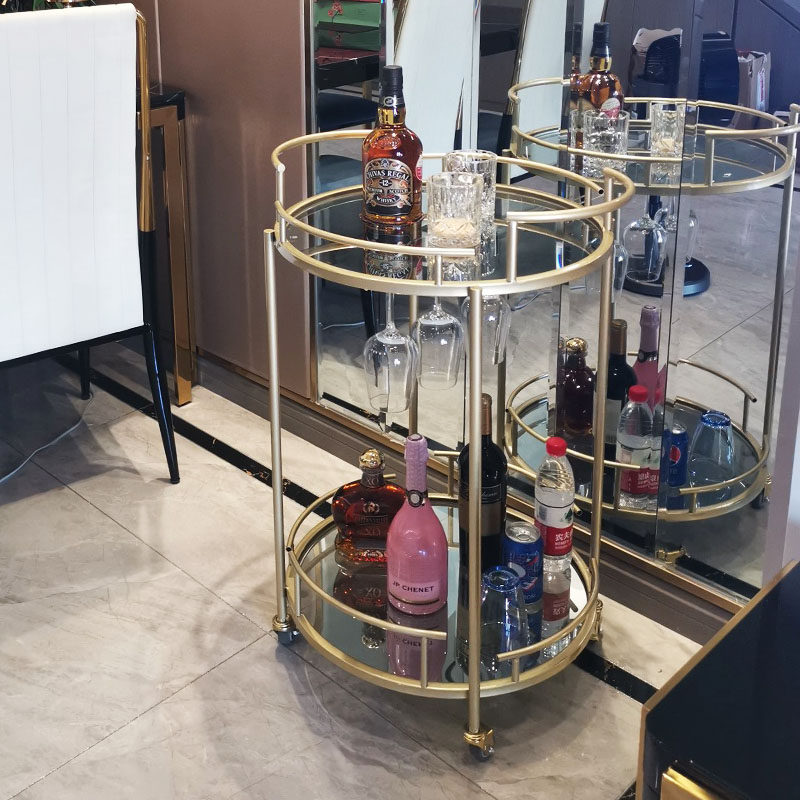 北欧金色餐车酒吧酒水车圆形多功能餐边茶水甜点小推车红酒挂杯架