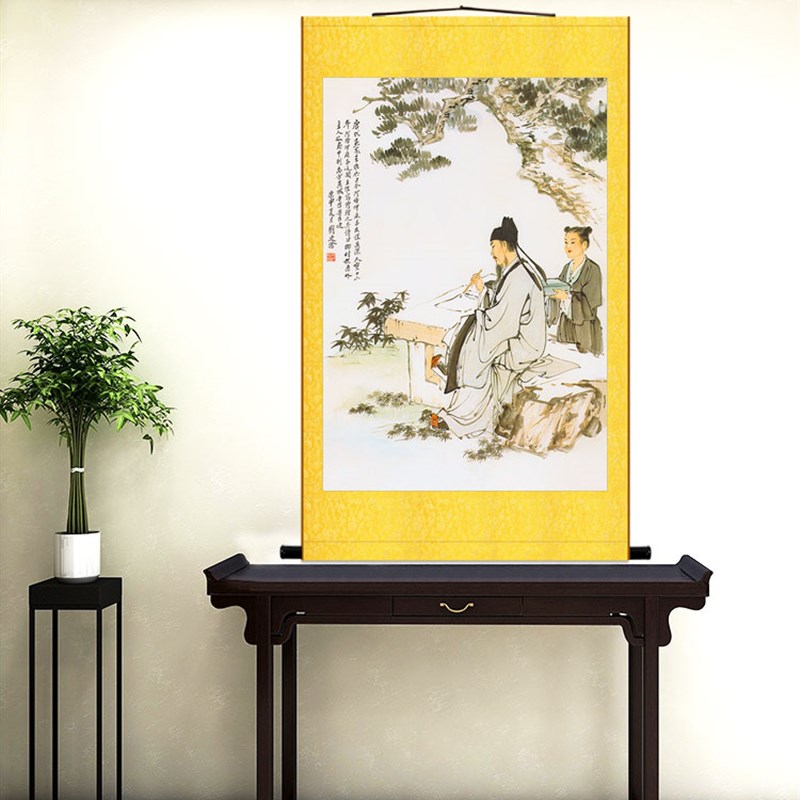 王维题诗图 古代文人诗人人物画 复古绢布卷轴挂画装饰画来图定制