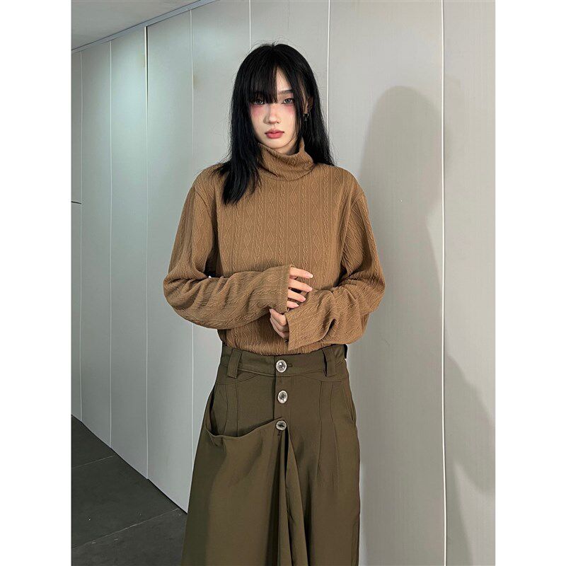 FG721黑色针织长袖打底衫女秋冬新款高领修身微弹外穿内搭T恤上衣