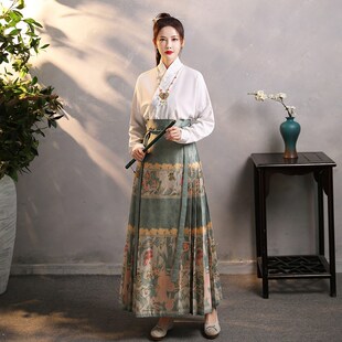 古装 改良日常穿搭 女大童上衣国风成人款 明制汉服女绿色马面裙套装