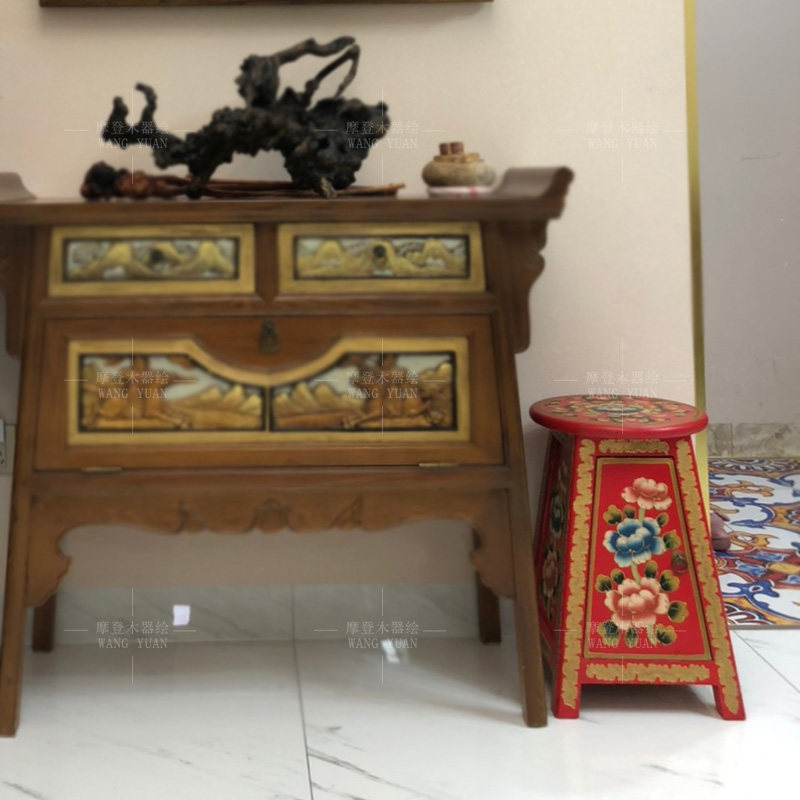 彩绘圆凳子中式换鞋凳门厅储物休闲小茶几新古典凳子实木手绘家具