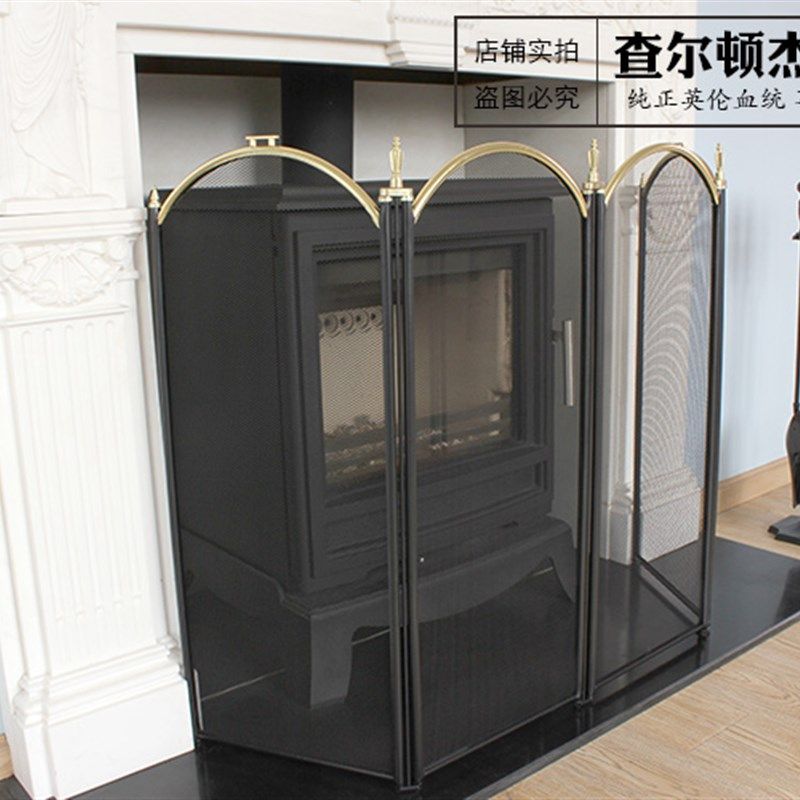 真火壁炉四折页围栏 壁炉罩火屏装饰防护栏 壁炉挡网拦网铁艺壁炉