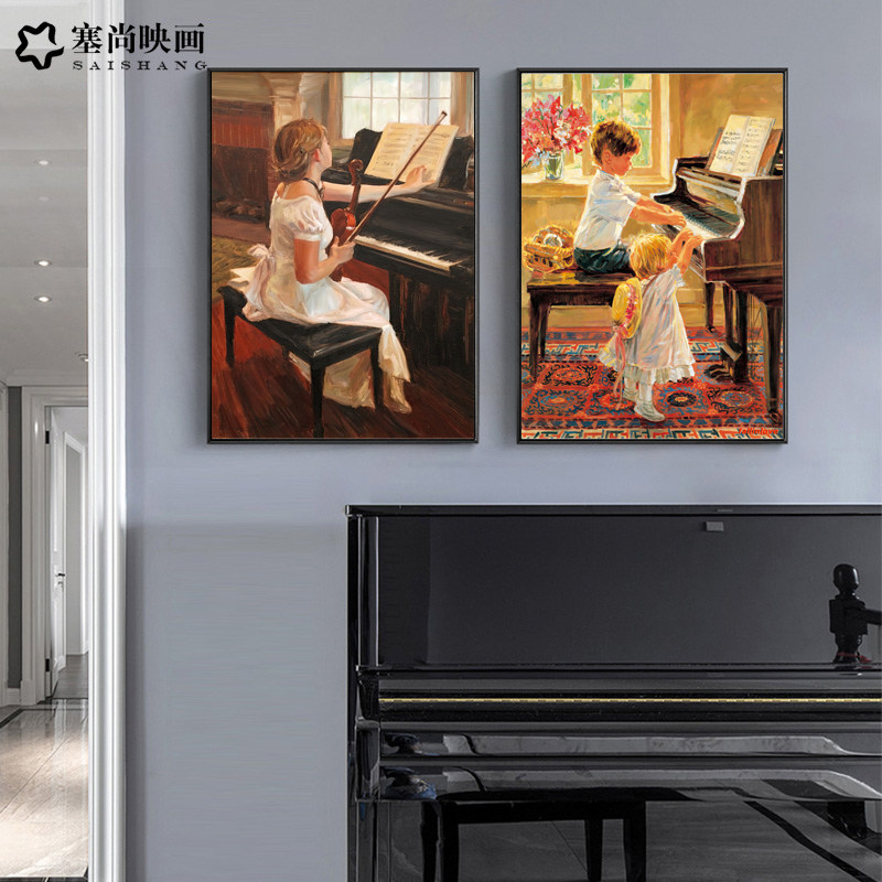 弹钢琴的孩子琴房音乐教室装饰画小众复古艺术卧室客厅背景墙挂画