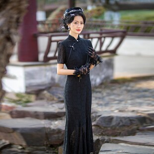 黑色鱼尾旗袍2024年新款中国风年轻款少女宴会走秀日常可穿连衣裙