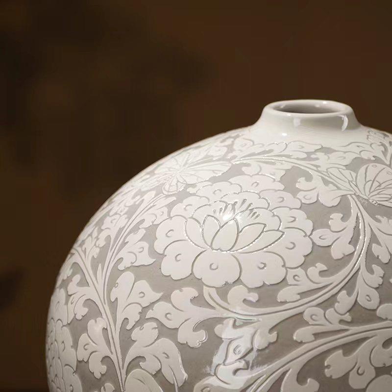 磁州窑家居瓷器书房中式陶瓷花瓶手工拉坯白色刻花工艺品摆件客厅