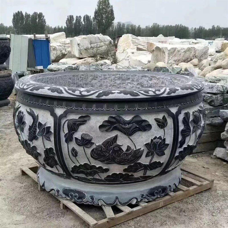 石雕汉白玉花盆鱼缸石槽庭院造景摆件天然水缸晚霞红荷花缸石门海