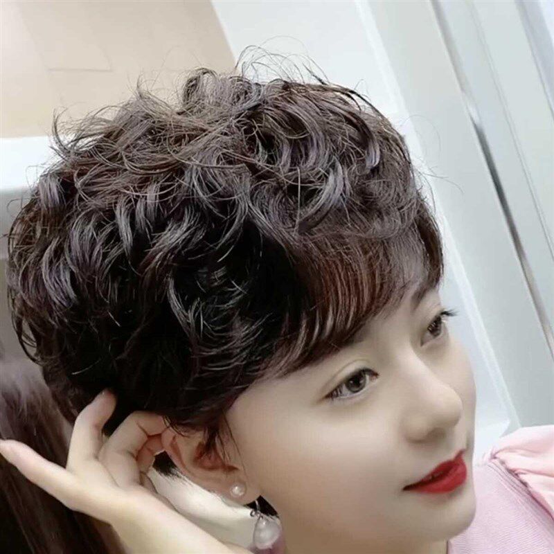 全真发假发女短发真发卷发圆脸假发头套透气蓬松妈妈大卷烫假发套