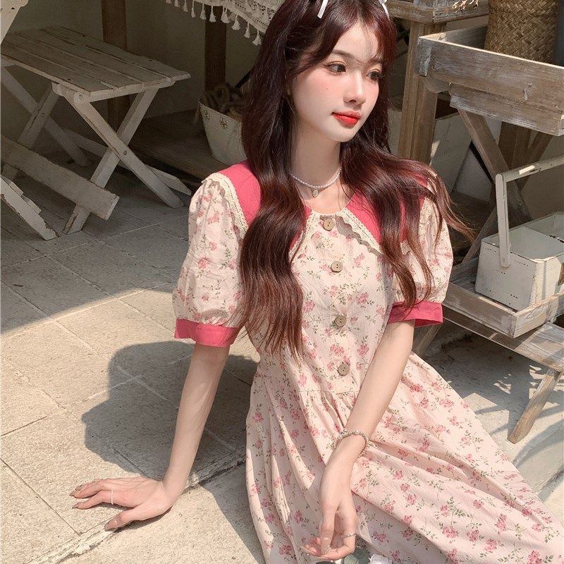 海军领碎花雪纺连衣裙少女夏装初高中学生温柔风甜美初恋中长裙子