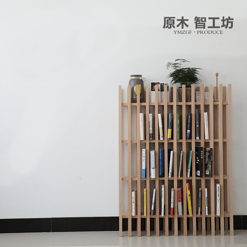 原木智工坊木条书架北欧简约黑胡桃房客厅落地隔断屏风置物架摆件