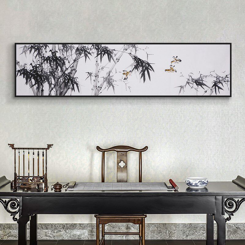 网红水墨竹子装饰画新中式客厅书房沙发背景墙画横长单幅竹报平安