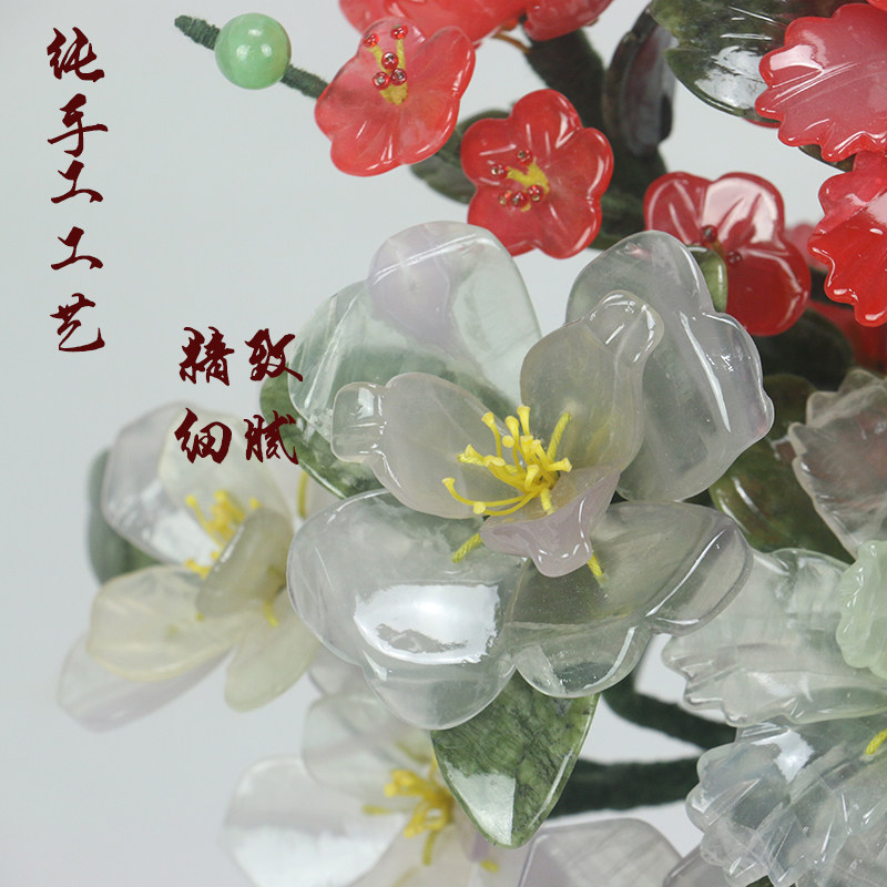 纯手工玉石花瓶摆件牡丹花中式工艺品乔迁客厅电视柜盆景送礼饰品