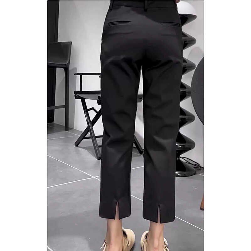 大码女装2024夏季高腰开叉直筒西装休闲裤胖mm遮胯显瘦九分烟管裤