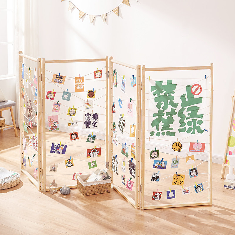 屏风隔断移动折屏照片展示架网格照片墙玄关折叠实木宿舍装饰架