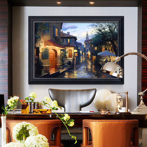玄关装饰画美式沙发背景墙欧式风景油画建筑壁画走廊过道挂画肌理
